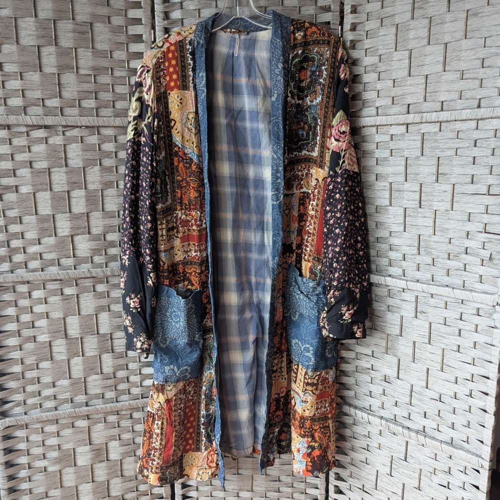 Free People Song Bird Duster Jacket Patchwork Mixed Print Sz‎ M Boho Festival